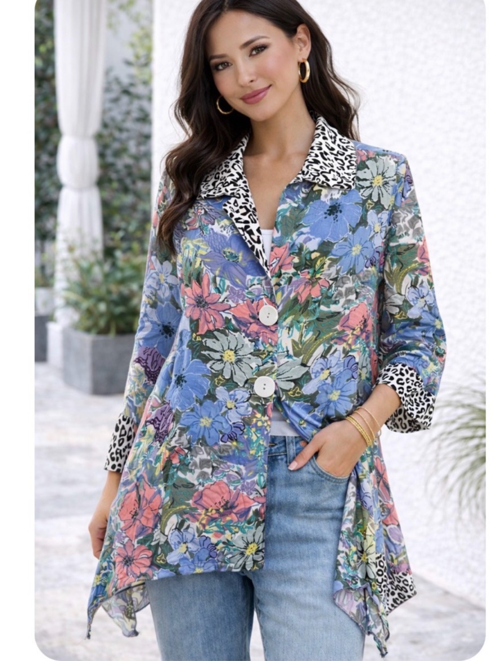 NWT Miss Nikki Floral Mixed-Print Blazer Jacket - Blue Multi